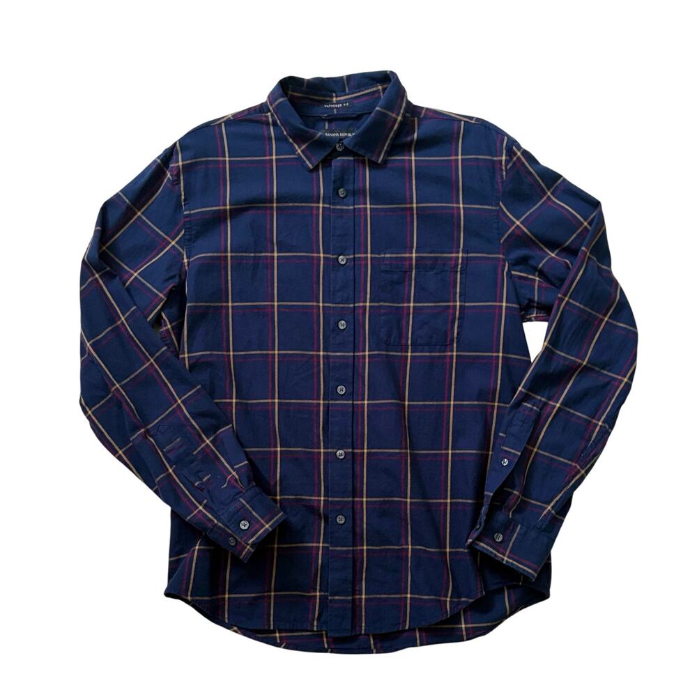 Banana Republic Untucked Standard-Fit Button-Down Cotton Navy Plaid Men’s Size L - Picture 2 of 7